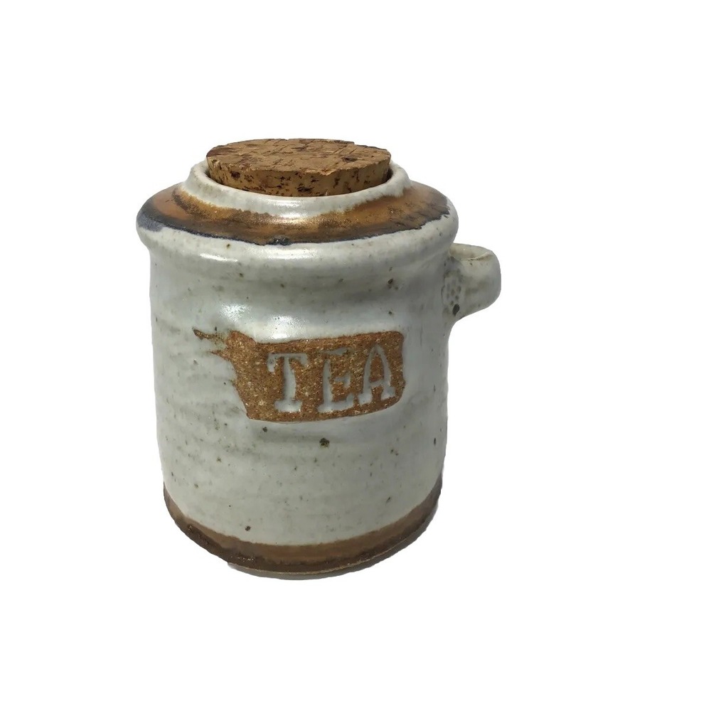 Art Pottery United Vintage Tea Canister Crock Jar Container Cork Lid Handle 5"